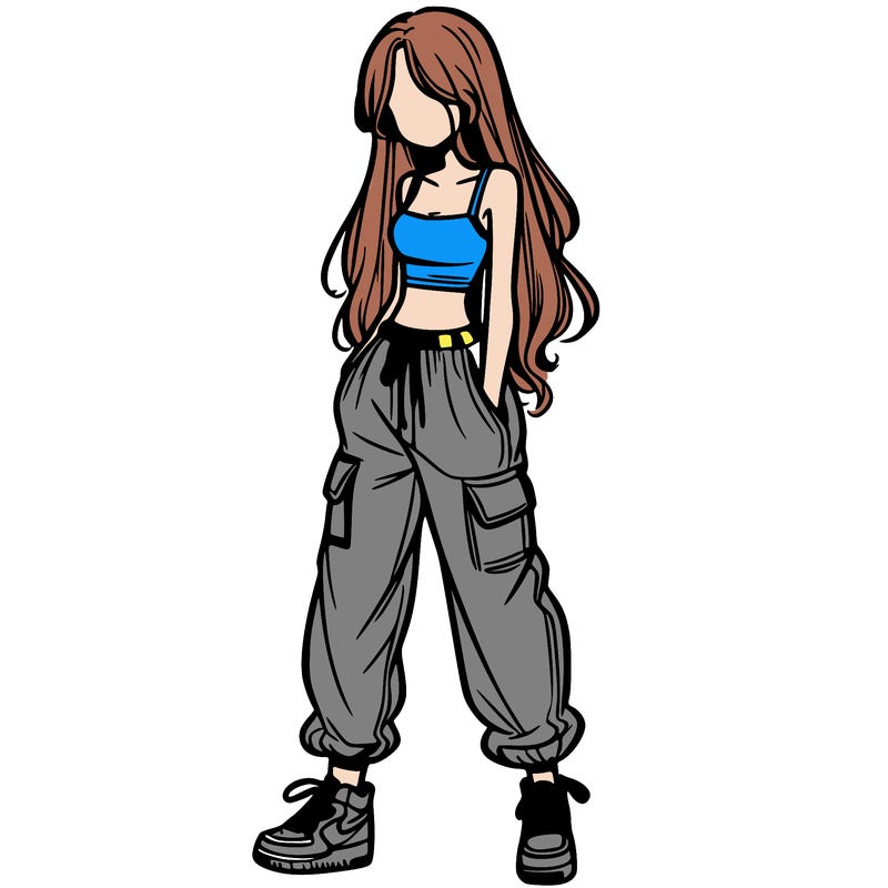 girl in baggy pants crop top and long hair