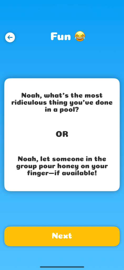 Interfaz de la aplicación Truth or Dare que muestra una tarjeta de verdad o reto divertido de la categoría fiesta para un evento