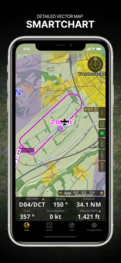 Air Navigation Pro - Air Navigation Pro interface showing a detailed vector SmartChart with a flight route and real-time navigation data.