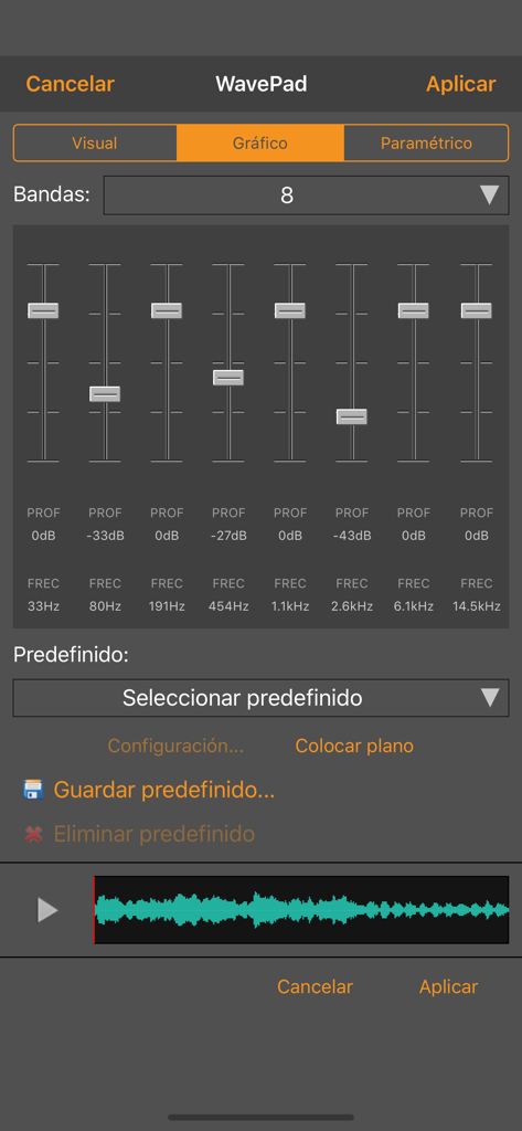 Interface do equalizador gráfico no aplicativo editor de áudio WavePad mostrando bandas de frequência e controles deslizantes