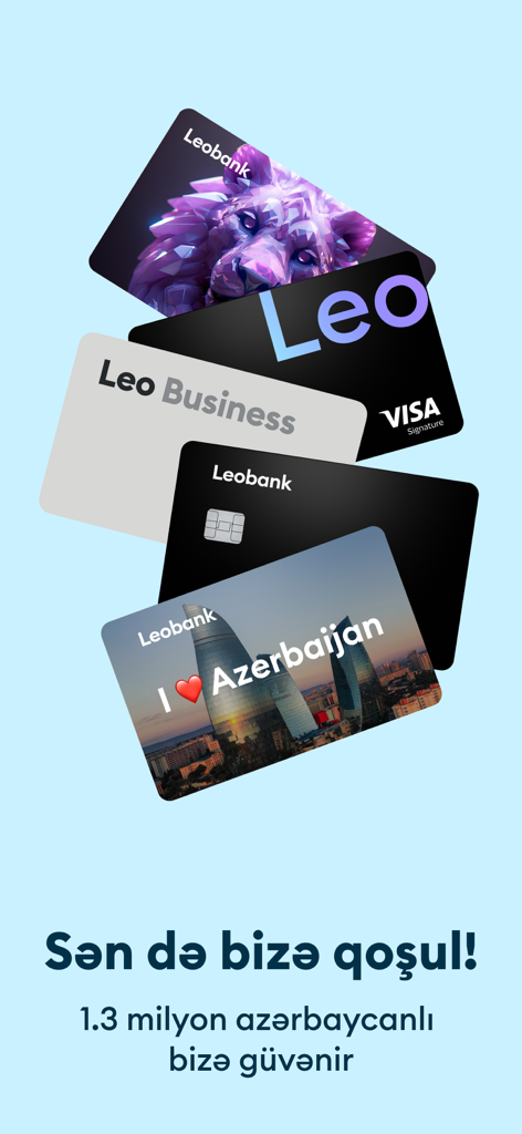 A showcase of different Leobank credit card designs and promotional text for the Azerbaijani market