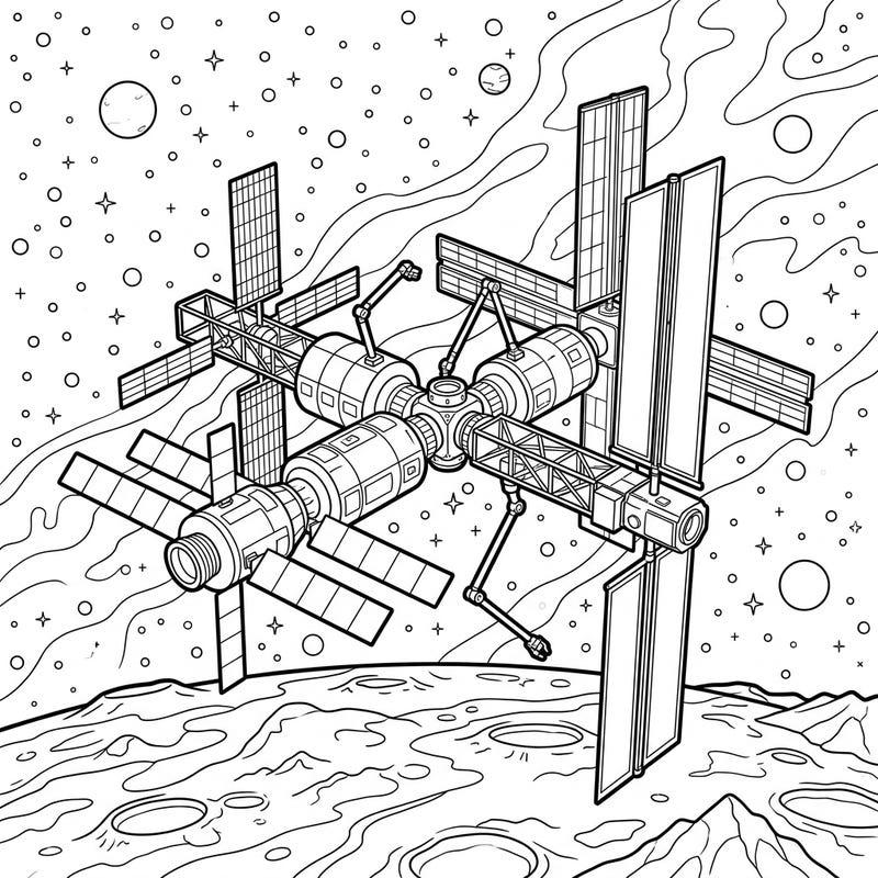 Embark on an interstellar coloring adventure with this intricate Lunar Gateway Station template. Discover the future of lunar exploration as you bring this detailed orbital outpost to life with your favorite colors.