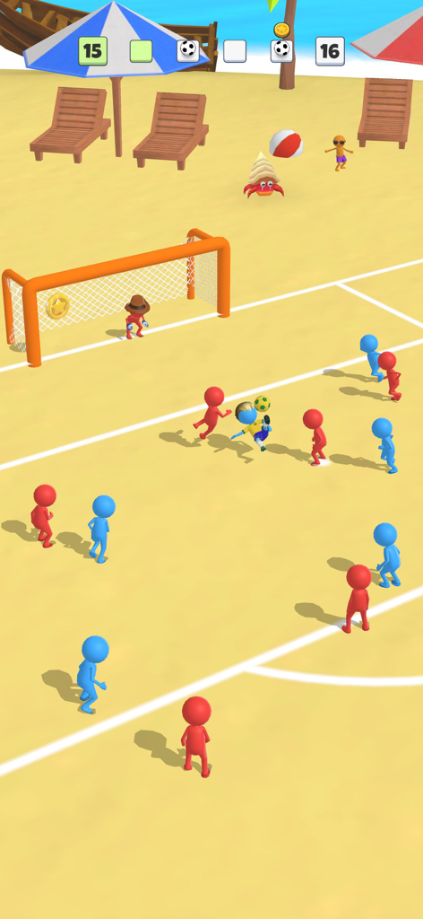 Super Goal: Fun Soccer Game - Jugabilidad de fútbol hiper casual en una playa con jugadores de palo y un portero vaquero.
