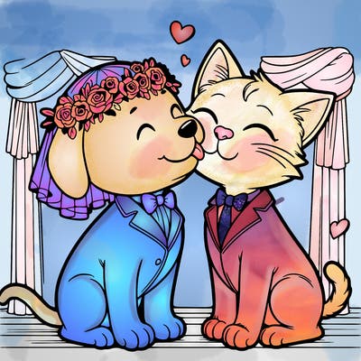 a dog and cat at a wedding kissing