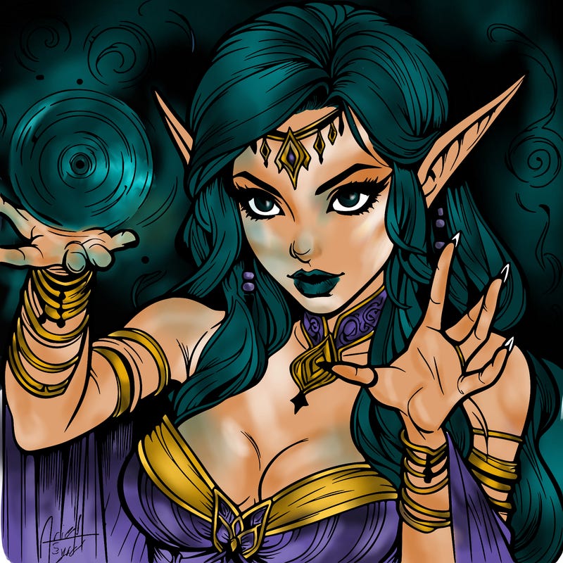 realistic scary beautiful elf sorceress casting spell