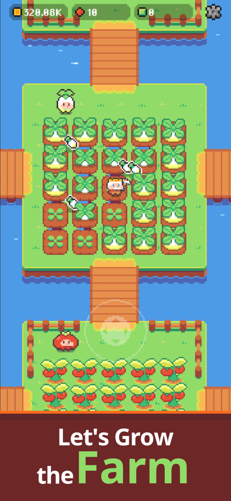 Top-down view of a character tending to crop fields in a pixel art farm island