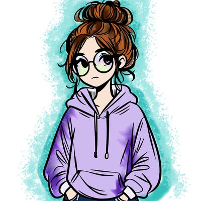 teen girl with a messy bun and glasses wearing a loose hoodie and jeans