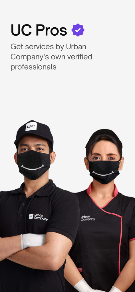 Urban Company (Prev UrbanClap) - Two verified Urban Company service professionals in uniform wearing masks