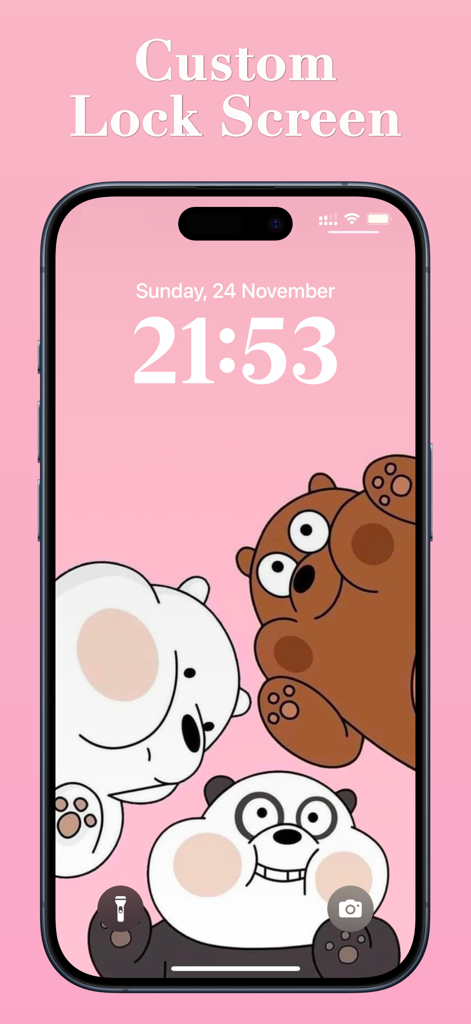 iPhone-Sperrbildschirm mit einem niedlichen rosa Hintergrundbild mit We Bare Bears-Charakteren