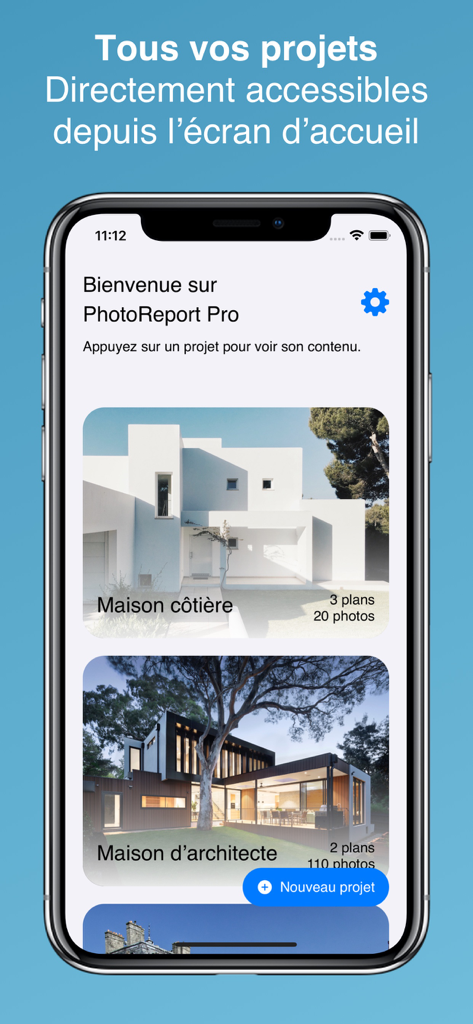 Tableau de bord de l'application PhotoReport affichant une liste de projets architecturaux et de construction sur un écran d'iPhone