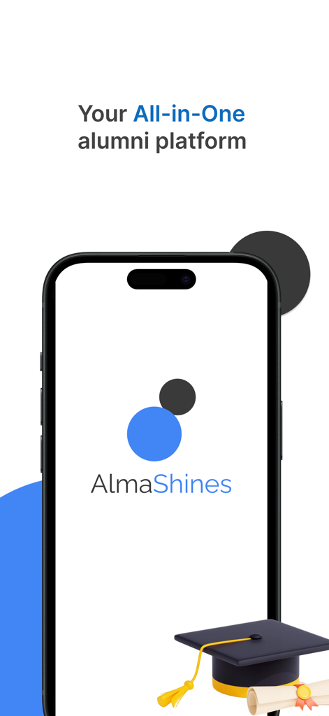 Almashines Alumni - Almashines Alumni app splash screen showing the slogan your all in one alumni platform with a graduation cap and diploma