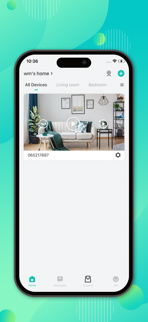 Morecam - Morecam mobile app interface displaying a live security camera feed of a living room