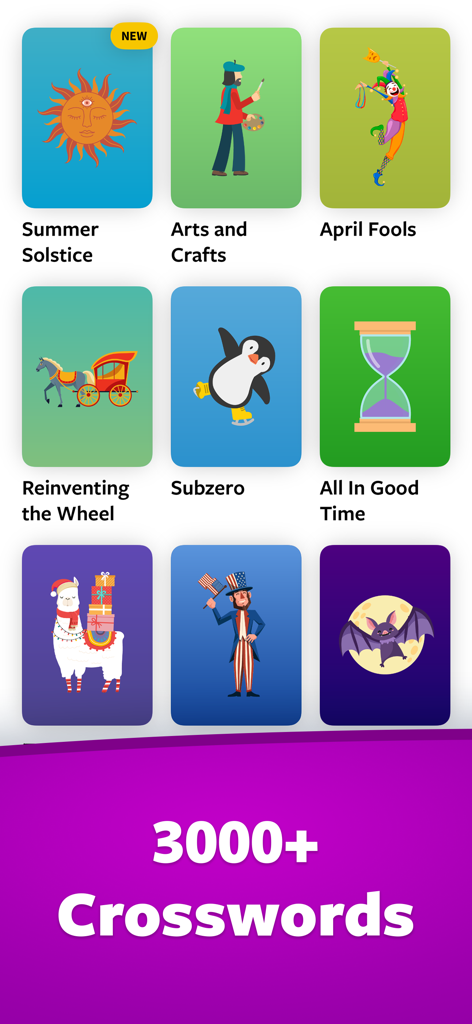 A collection of colorful themed crossword puzzles in the Crossword plus mobile app.