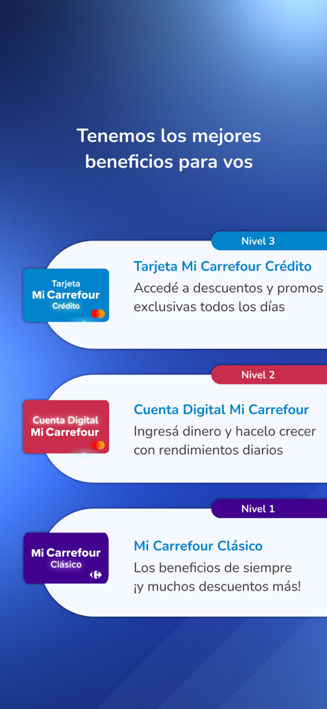 Carrefour Banco - Bildschirm aus der Carrefour Banco App, der drei verschiedene Mitgliedsstufen und ihre damit verbundenen Vorteile anzeigt