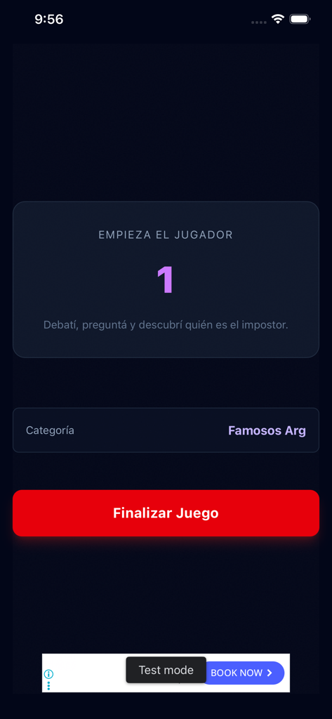 Schermata di gioco dell'app di deduzione sociale Impostor che mostra il giocatore uno che inizia il round