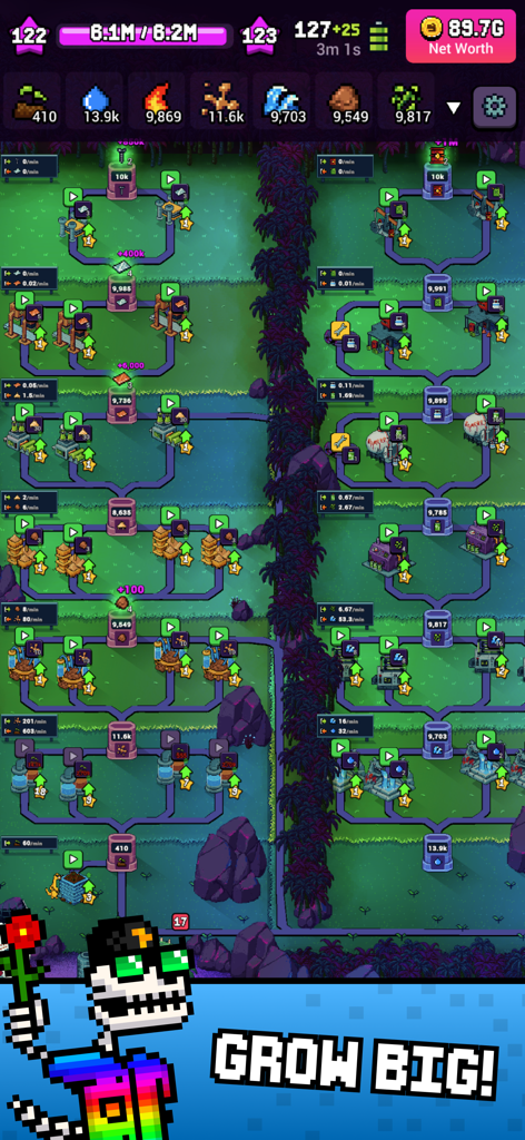 Vue de dessus d'une usine d'automatisation de ressources complexe dans Craft World Builder avec un personnage squelette pixelisé.