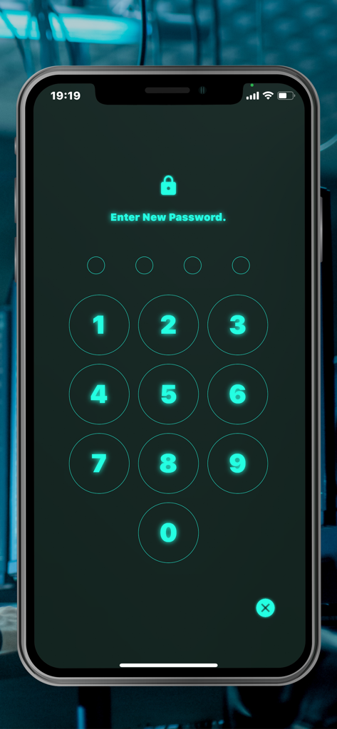 Security password screen of the Hacker Note app featuring a neon green glow numeric keypad