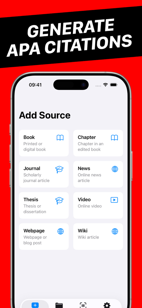 APA Citation Generator - Solon - Interfaz de la aplicación Generador de Citas APA que muestra la pantalla Añadir Fuente con opciones para Libro, Revista, Tesis y Página Web.