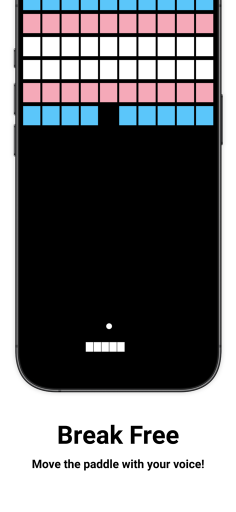 Voice Games - Minijogo Break Free no aplicativo Voice Games onde uma raquete é controlada pelo tom vocal para quebrar blocos.