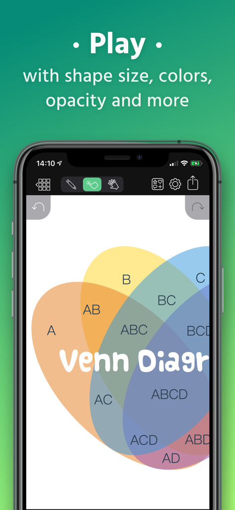 Un diagrama de Venn colorido con círculos superpuestos y etiquetas de texto editándose en la aplicación Grafio 4.