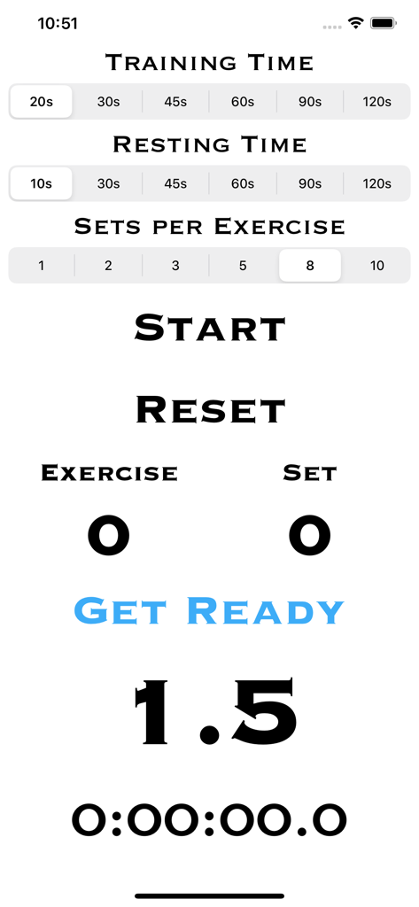 HIITCounter - HIITCounter app interface showing training and resting time settings with a workout timer countdown