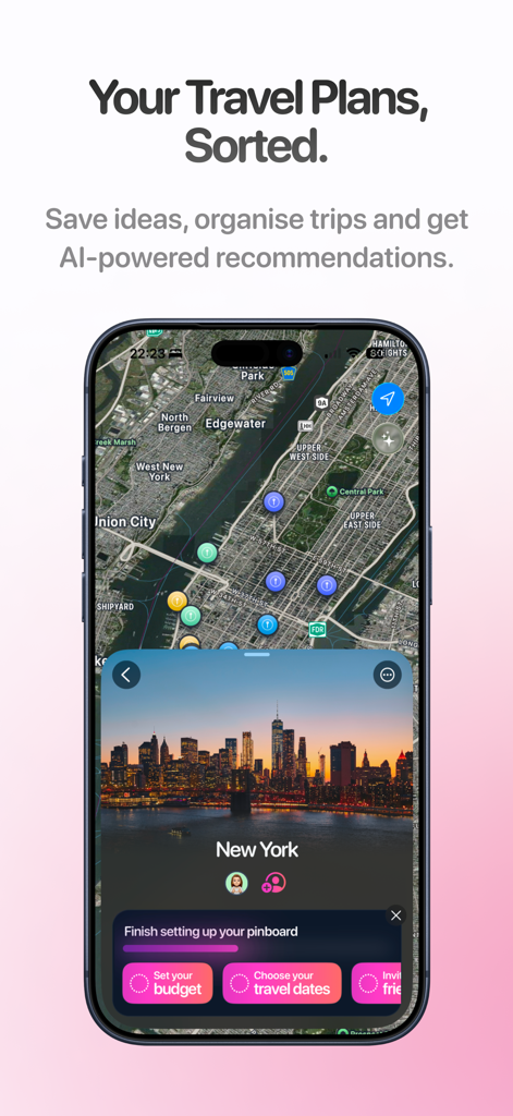 Pogo - Trip Planner - Pogo trip planner app screen showing a map of New York with custom pins and travel organization tools