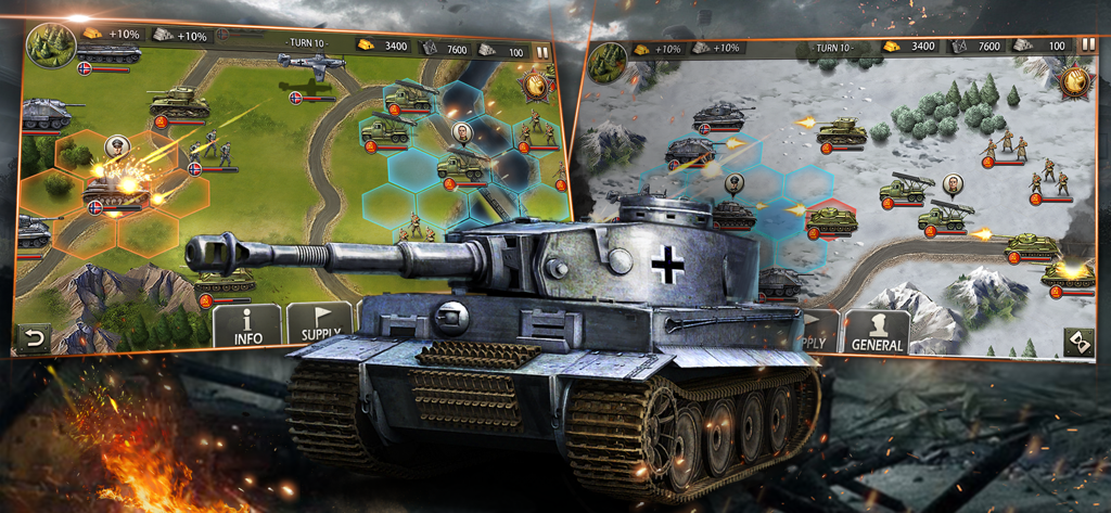 WW2: Strategy Games War Games - Promotional graphic for a World War 2 strategy game showing tactical hex battle maps and a detailed German Tiger tank