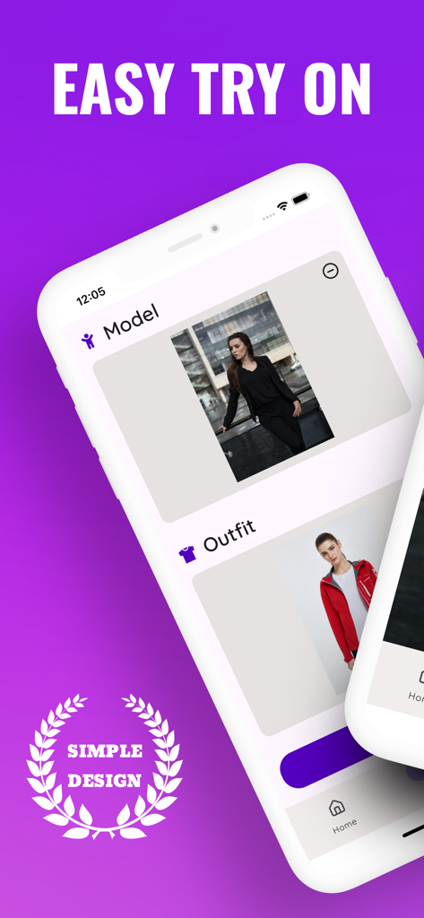 OutfitSwap: AI Clothes Changer - Bildschirm einer mobilen App, der die einfache Anprobe-Funktion von OutfitSwap mit Optionen zur Auswahl eines Modells und eines Outfits zeigt