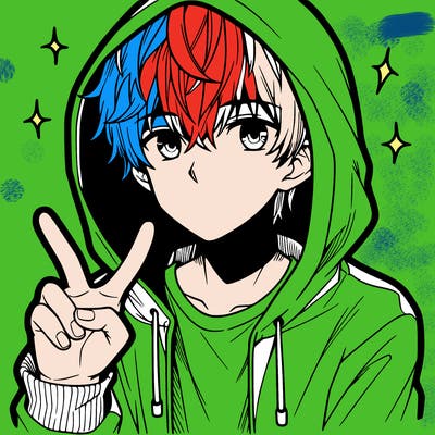 teenage manga boy in a hoodie, doing ✌