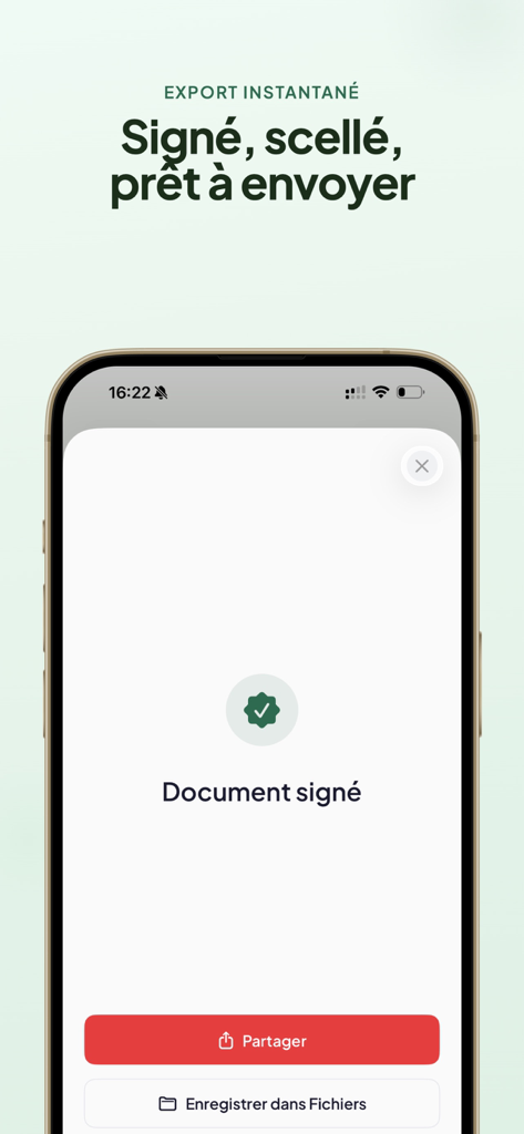 Uma tela de aplicativo móvel mostrando uma confirmação de que um documento PDF foi assinado com opções para compartilhá-lo ou salvá-lo.