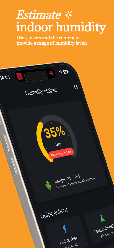 Indoor Humidity Predictor - Pantalla de smartphone mostrando la aplicación Predictor de Humedad Interior con una lectura de humedad del 35 por ciento y una advertencia de aire seco