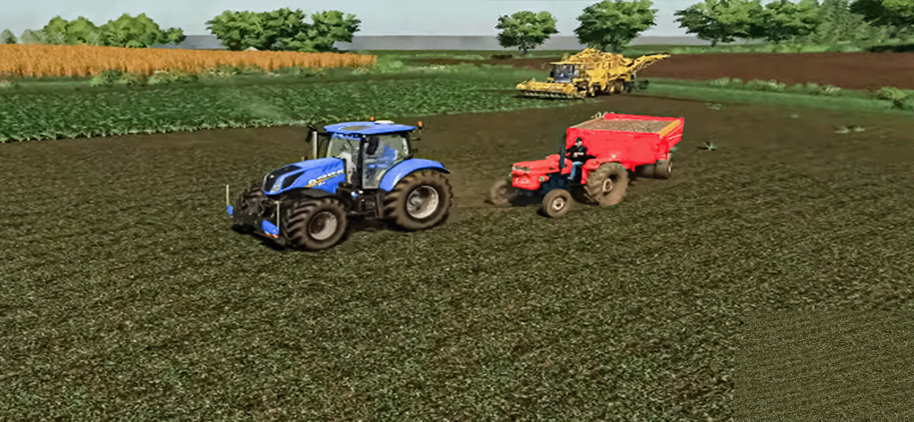 Cargo Tractor Simulator Driver - A blue tractor and a red tractor with a cargo trailer in a farm field