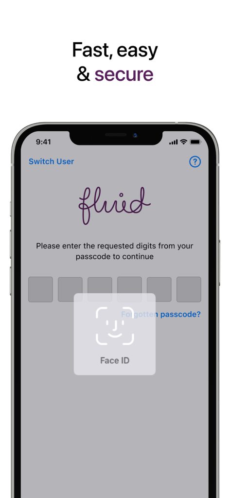 Fluid card app login screen showing Face ID biometric authentication for secure access
