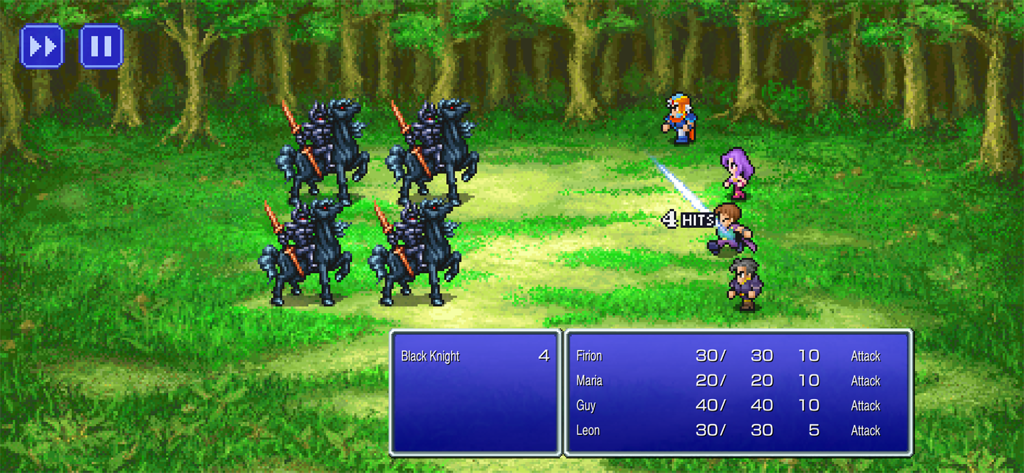 Una batalla por turnos en un entorno de bosque con cuatro héroes y cuatro enemigos Caballero Negro en Final Fantasy II Pixel Remaster.