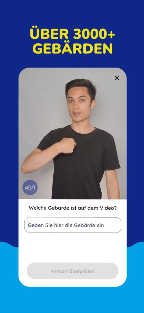 Ejercicio interactivo de lengua de señas en la aplicación anysign con una demostración en video por un tutor para uno de los más de 3000 signos disponibles