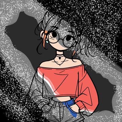 girl with a messy ponytail glasses a baggy crop top and jean shorts