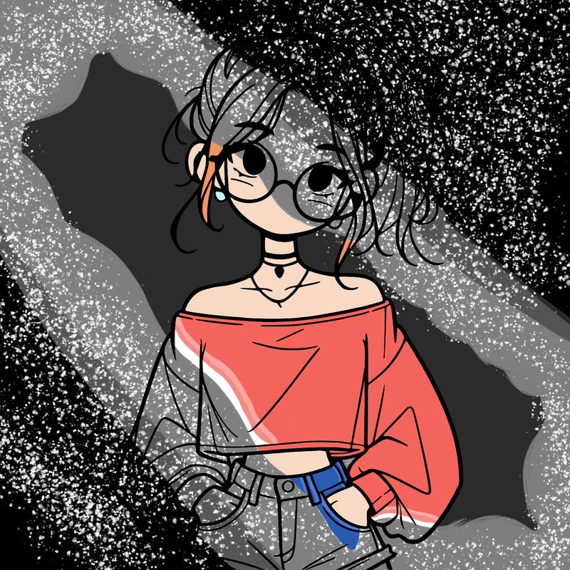 girl with a messy ponytail glasses a baggy crop top and jean shorts