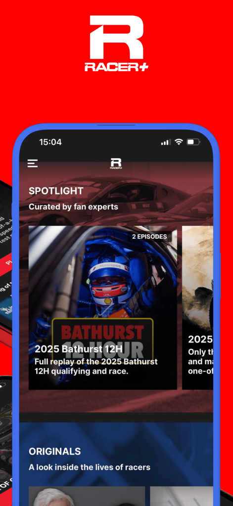 RACER+ - The RACER plus mobile app interface showing curated racing content and original series