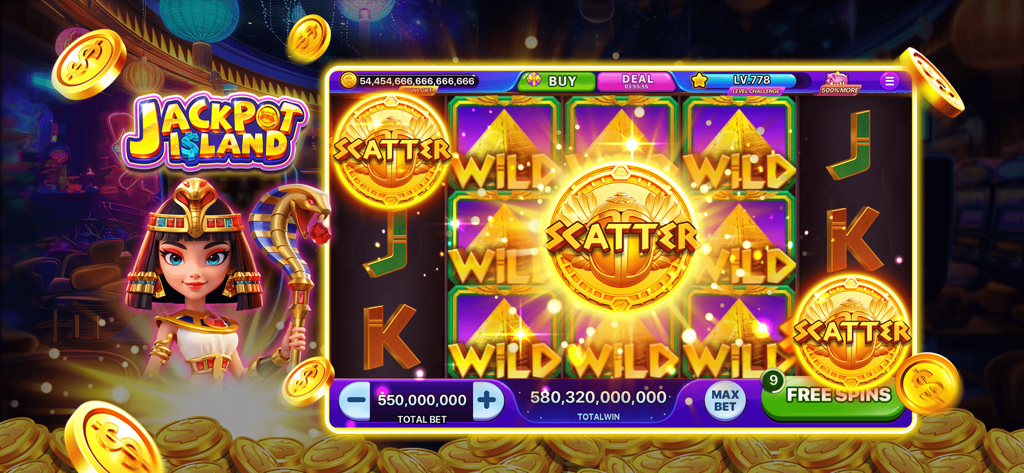 Jackpot Island - Slot Machines - Jackpot Island slot machine game featuring an Egyptian theme with Cleopatra and golden scatter symbols