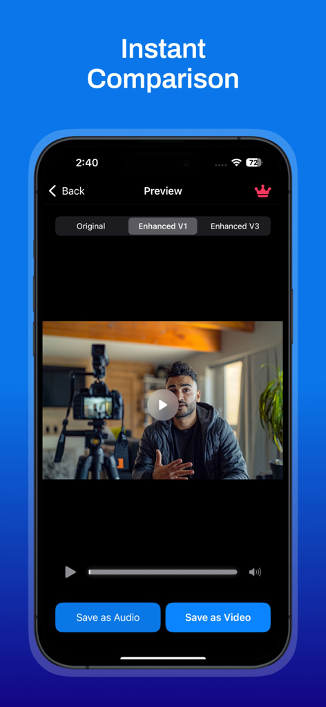 A mobile app interface displaying a video preview with options to compare original and enhanced audio versions