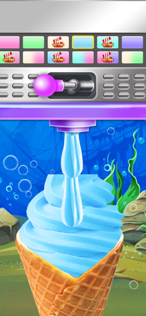 Mermaid Ice Cream - Blue soft serve ice cream being dispensed into a waffle cone in an undersea shop.