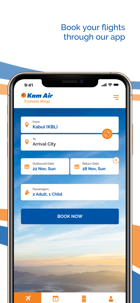 Kam Air Trustable Wings - Interface de pesquisa e reserva de voos do aplicativo móvel Kam Air