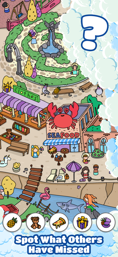 Scavenger Hunt－Hidden objects! - Mapa de ciudad brillante de dibujos animados en el juego Búsqueda del Tesoro con una lista de objetos ocultos para encontrar