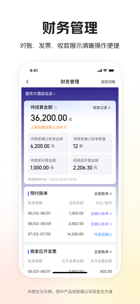 Interfaz de gestión financiera de la aplicación Meituan Hotel Merchant mostrando saldos de liquidación e historial de facturación