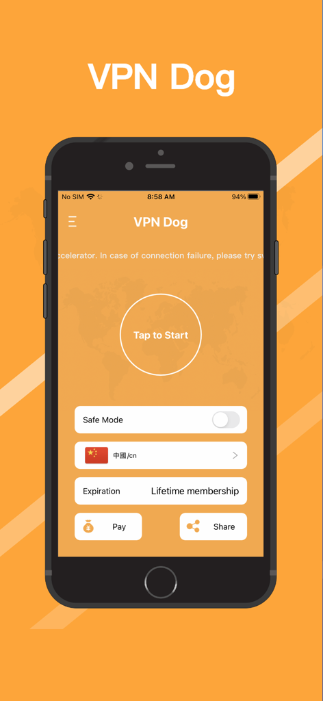 VPN Dog-Fast Unlimited Proxy - VPN Dog mobile app interface showing the tap to start button and server selection options on an iPhone