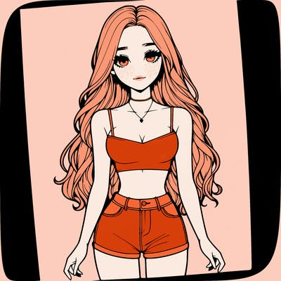 a realistic girl with long hair and in a crop top and shprts