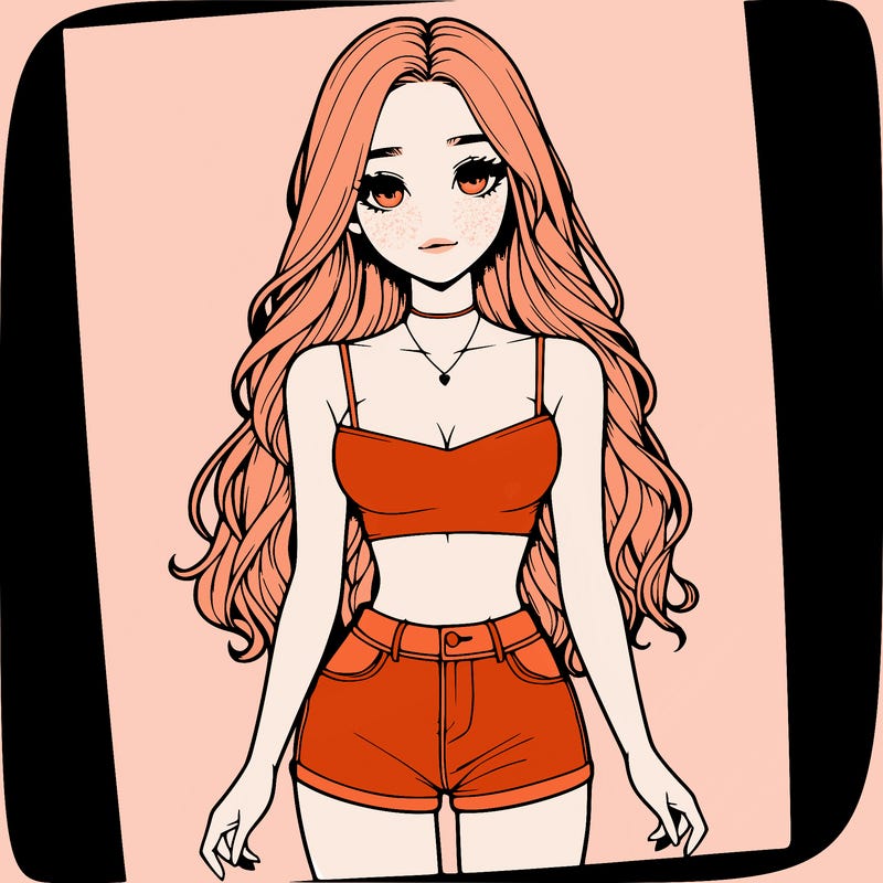 a realistic girl with long hair and in a crop top and shprts