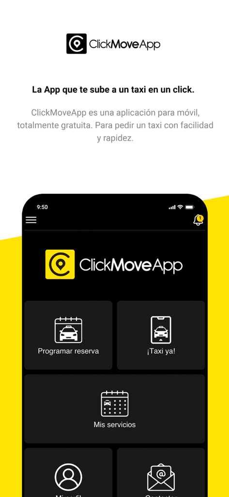 Click Move App - Click Move App mobile Benutzeroberfläche mit Optionen zur Planung von Taxibuchungen und Sofortbuchungen für Profis
