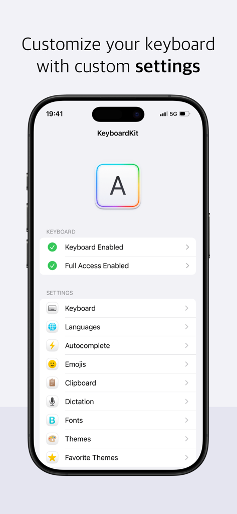 KeyboardKit - Interfaz de la aplicación KeyboardKit mostrando varias configuraciones de personalización del teclado en un iPhone