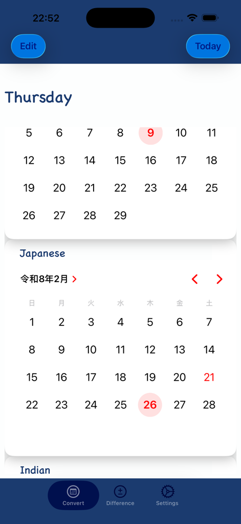 Interfaz de la aplicación Dates Convert mostrando vistas del calendario gregoriano y japonés para la conversión de fechas